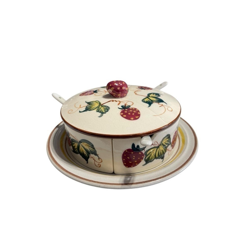 Vintage Fred Roberts Strawberry Preserves Jam Marmalade Divided Dish with Spoons - Picture 8 of 14